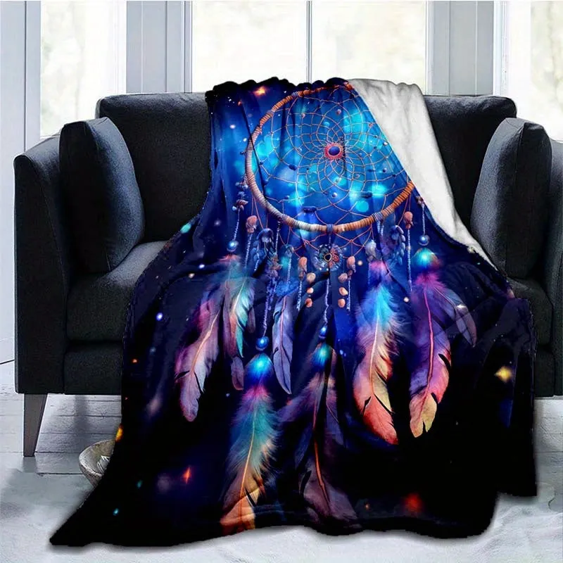 1pc Blue Dream Catcher Blanket For Home - Lightweight Flannel Throw For Sofa, Bed, Travel, Camping, Living Room, Office, Couch, 