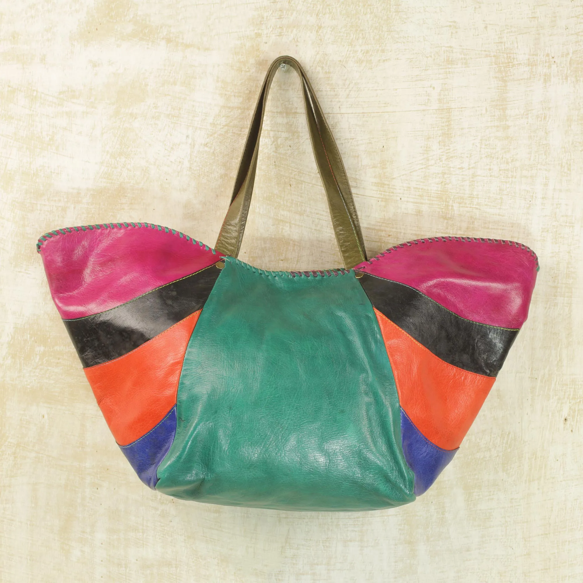 African Rainbow Handcrafted Colorful Leather Tote Handbag from Ghana