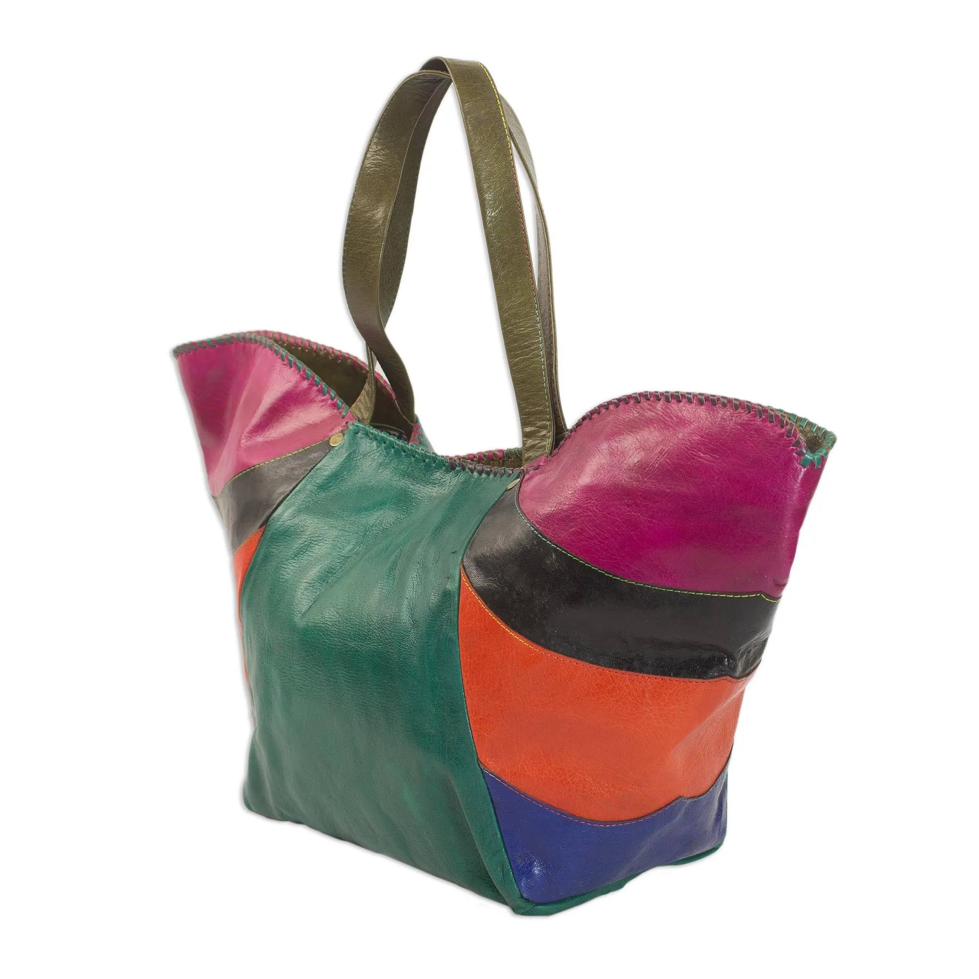 African Rainbow Handcrafted Colorful Leather Tote Handbag from Ghana