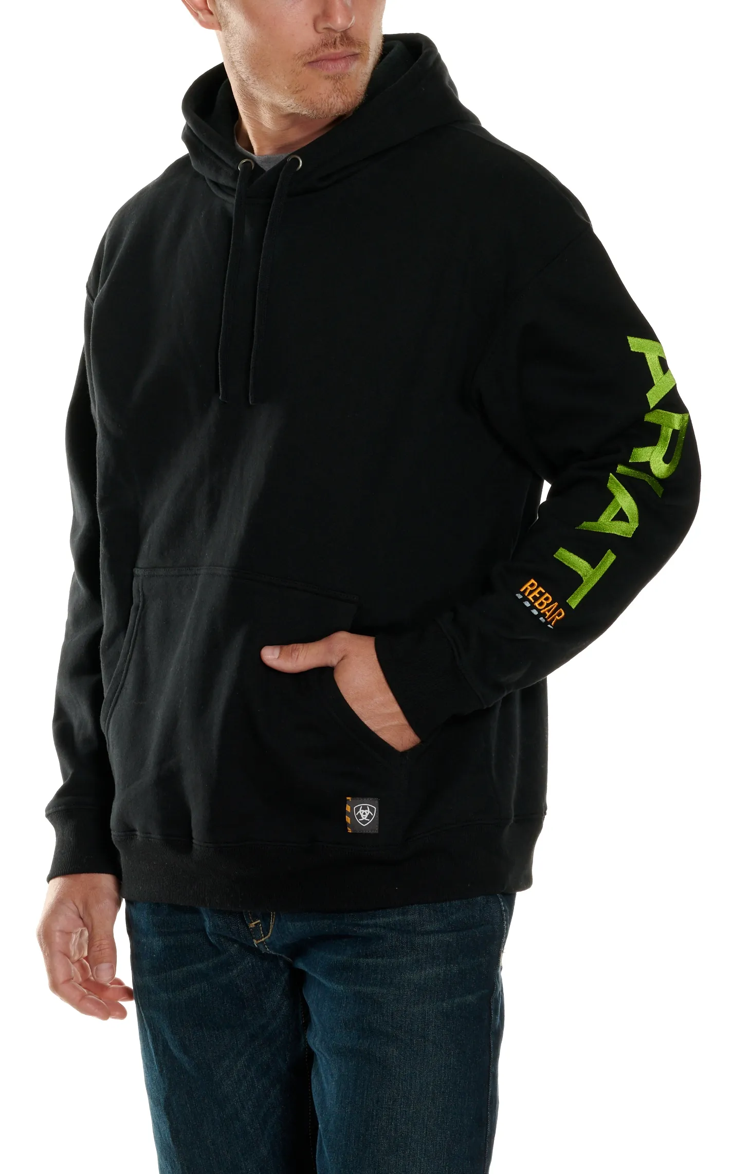 Ariat Men's Rebar 10 OZ All Weather Black with Lime Green Logo Work Hoodie