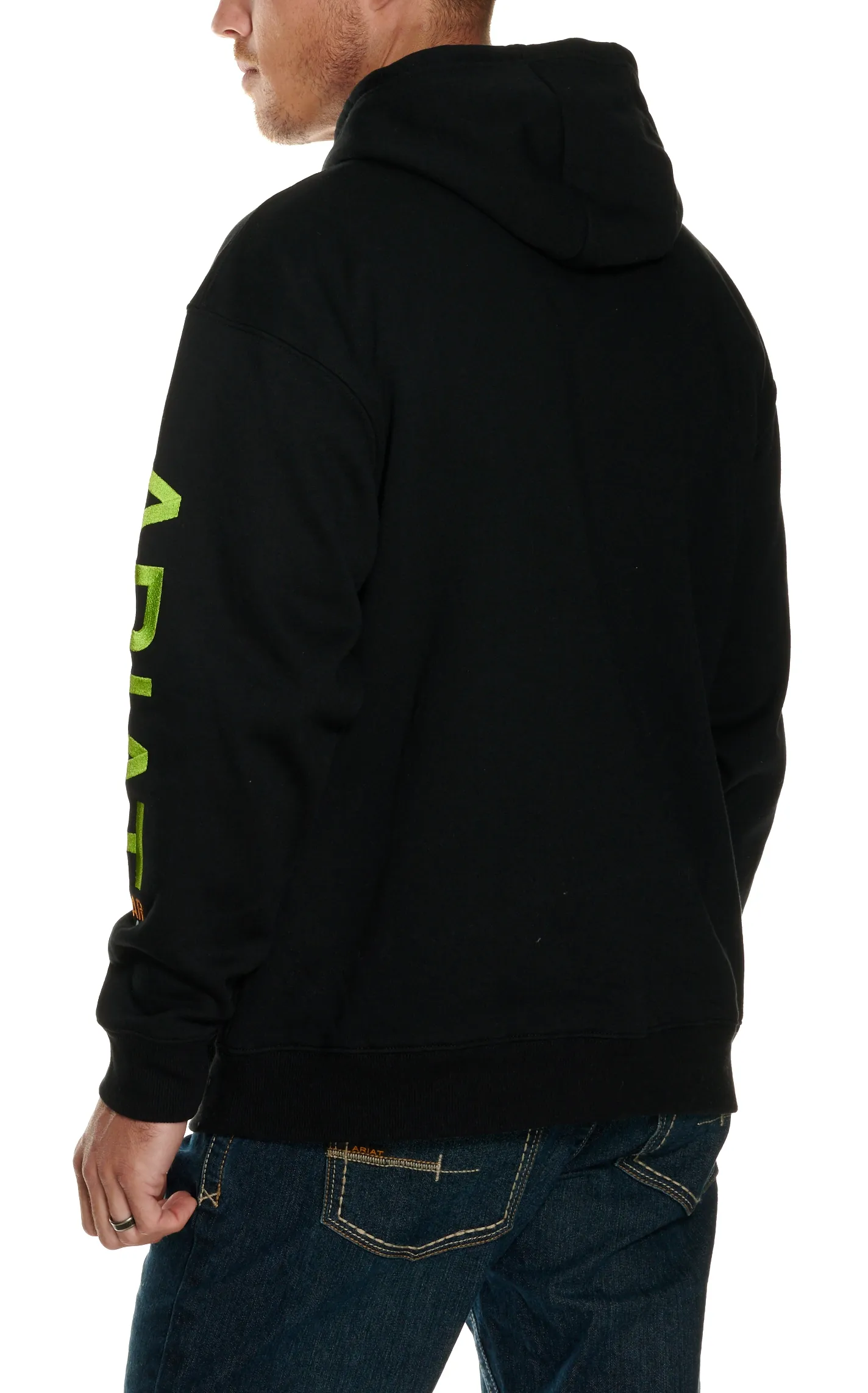 Ariat Men's Rebar 10 OZ All Weather Black with Lime Green Logo Work Hoodie