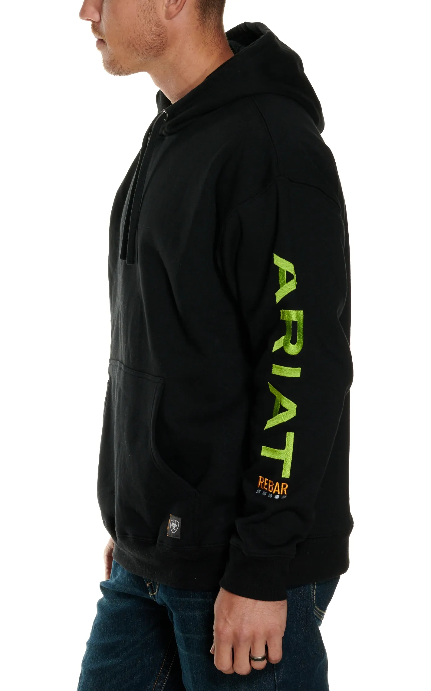 Ariat Men's Rebar 10 OZ All Weather Black with Lime Green Logo Work Hoodie