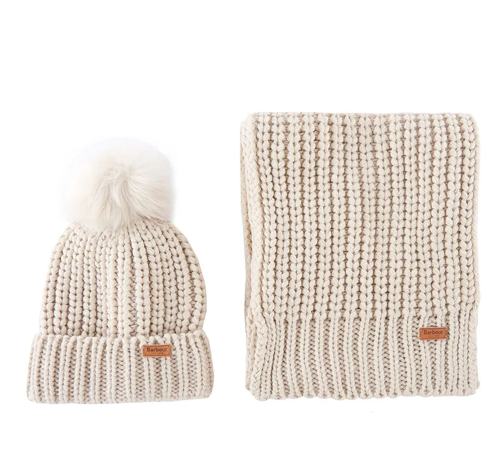 Barbour Saltburn Beanie & Scarf Gift Set LGS0023 Pearl