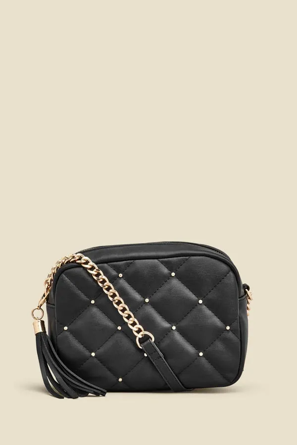 Black Diamante Quilted Cross Body Bag With Tassel