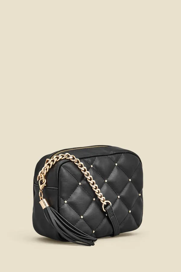 Black Diamante Quilted Cross Body Bag With Tassel