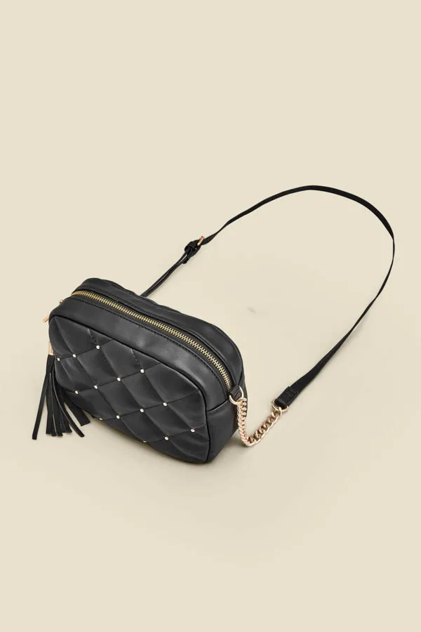 Black Diamante Quilted Cross Body Bag With Tassel