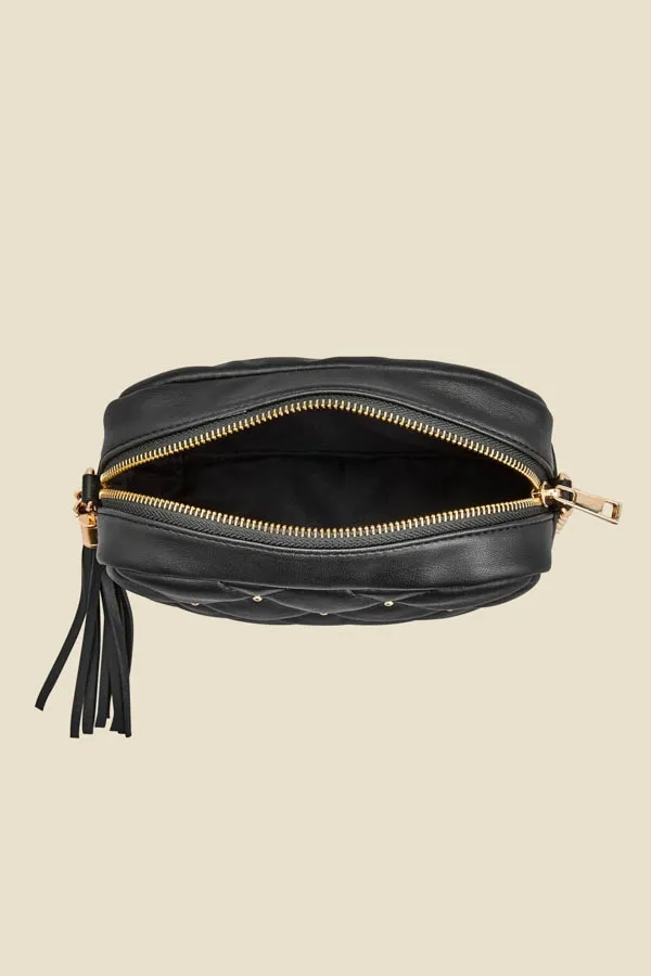 Black Diamante Quilted Cross Body Bag With Tassel