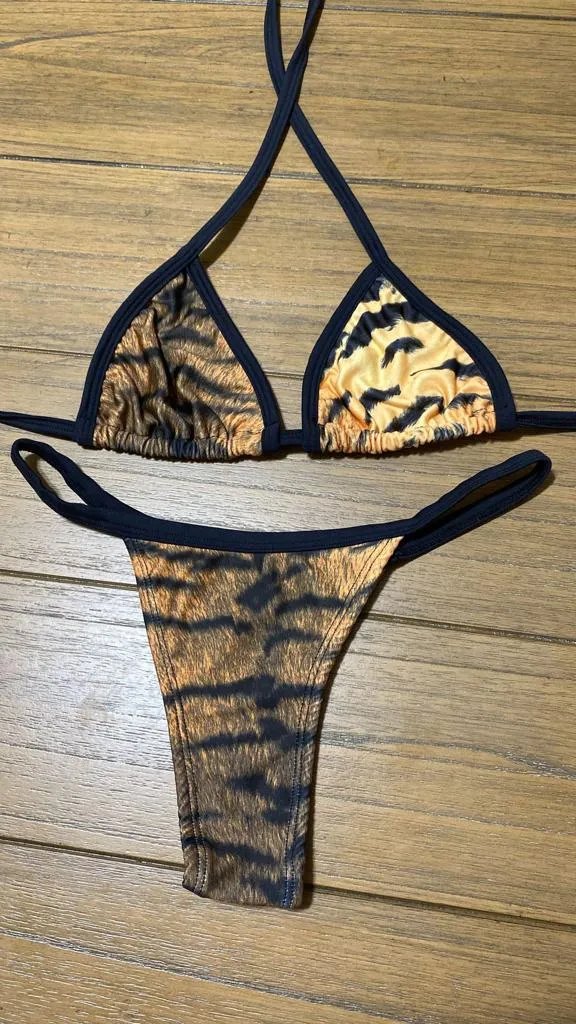 BROWN AND BLACK DETAIL ZEBRA THONG BIKINI