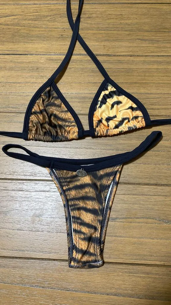 BROWN AND BLACK DETAIL ZEBRA THONG BIKINI