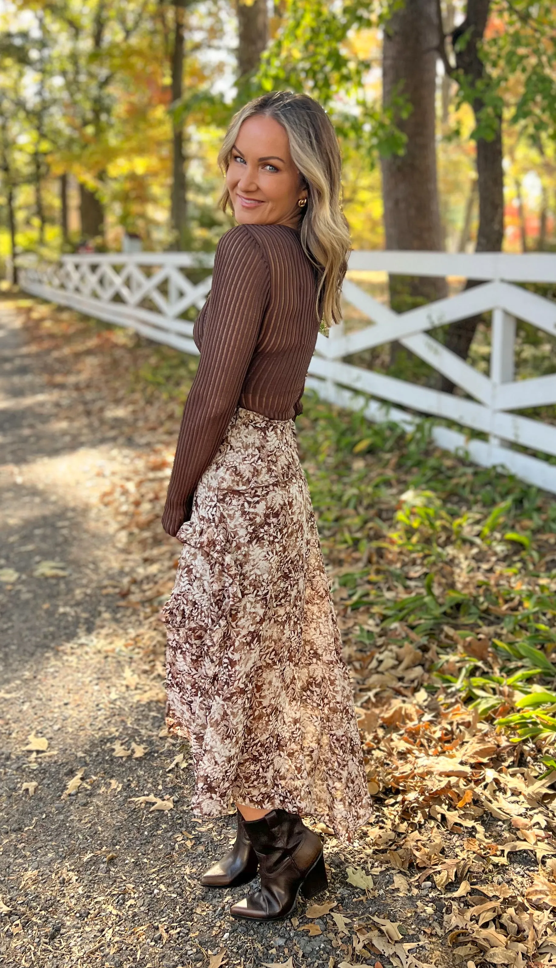 Brown Floral Ruffle Skirt