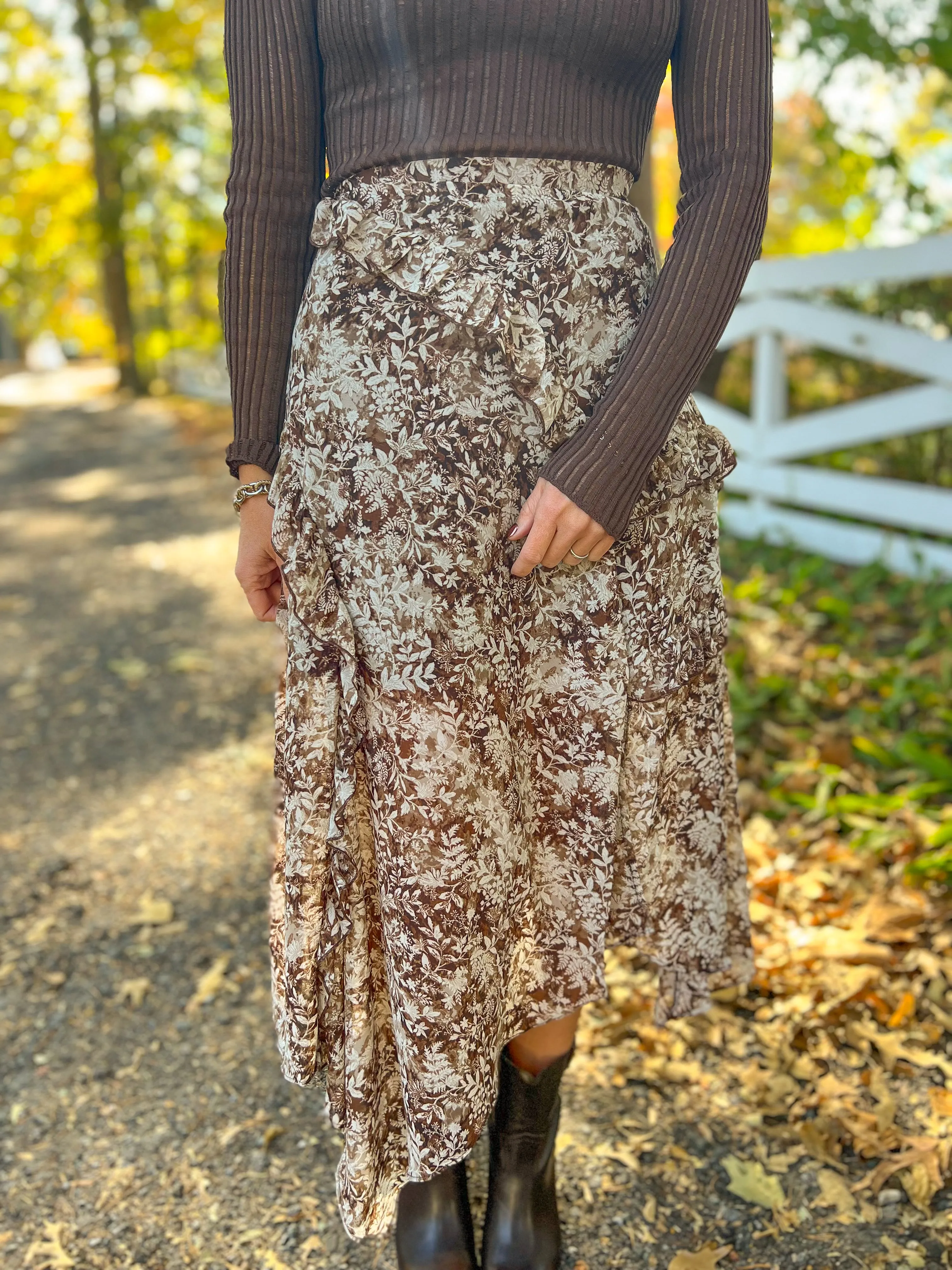 Brown Floral Ruffle Skirt