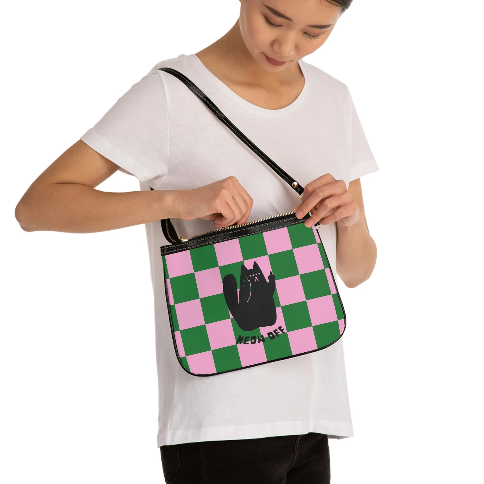 Checkered Funny cat Small Shoulder Bag