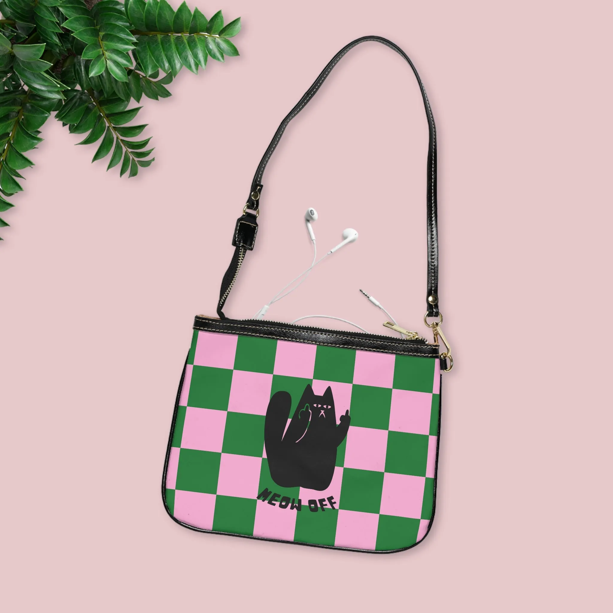 Checkered Funny cat Small Shoulder Bag