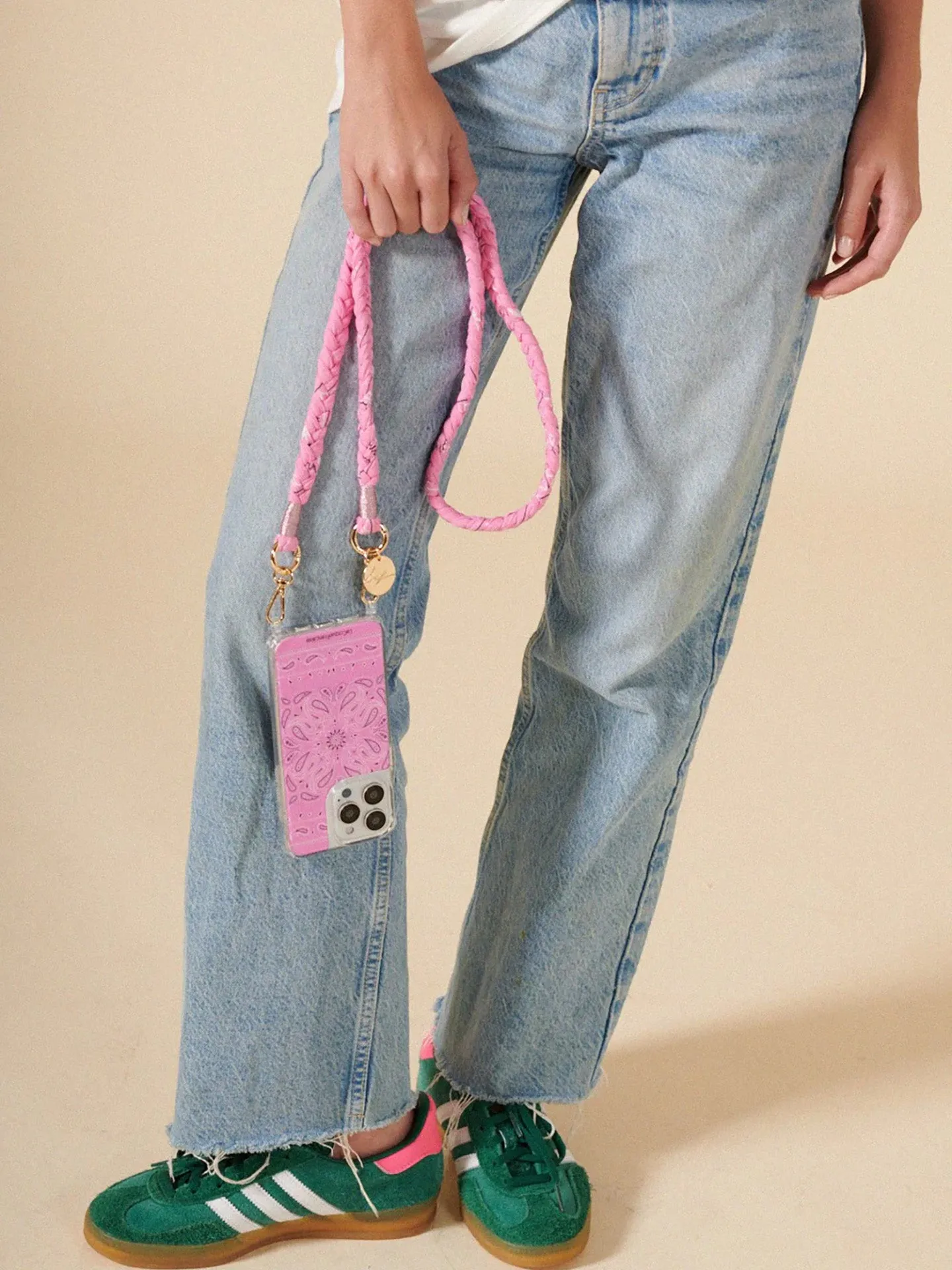 Della crossbody phone strap, braided pink bandana print