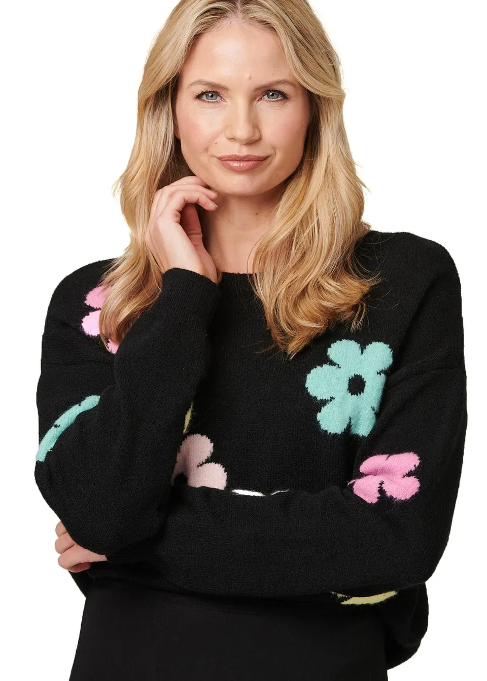 Izabel London Black Floral Long Sleeve Knit Pullover