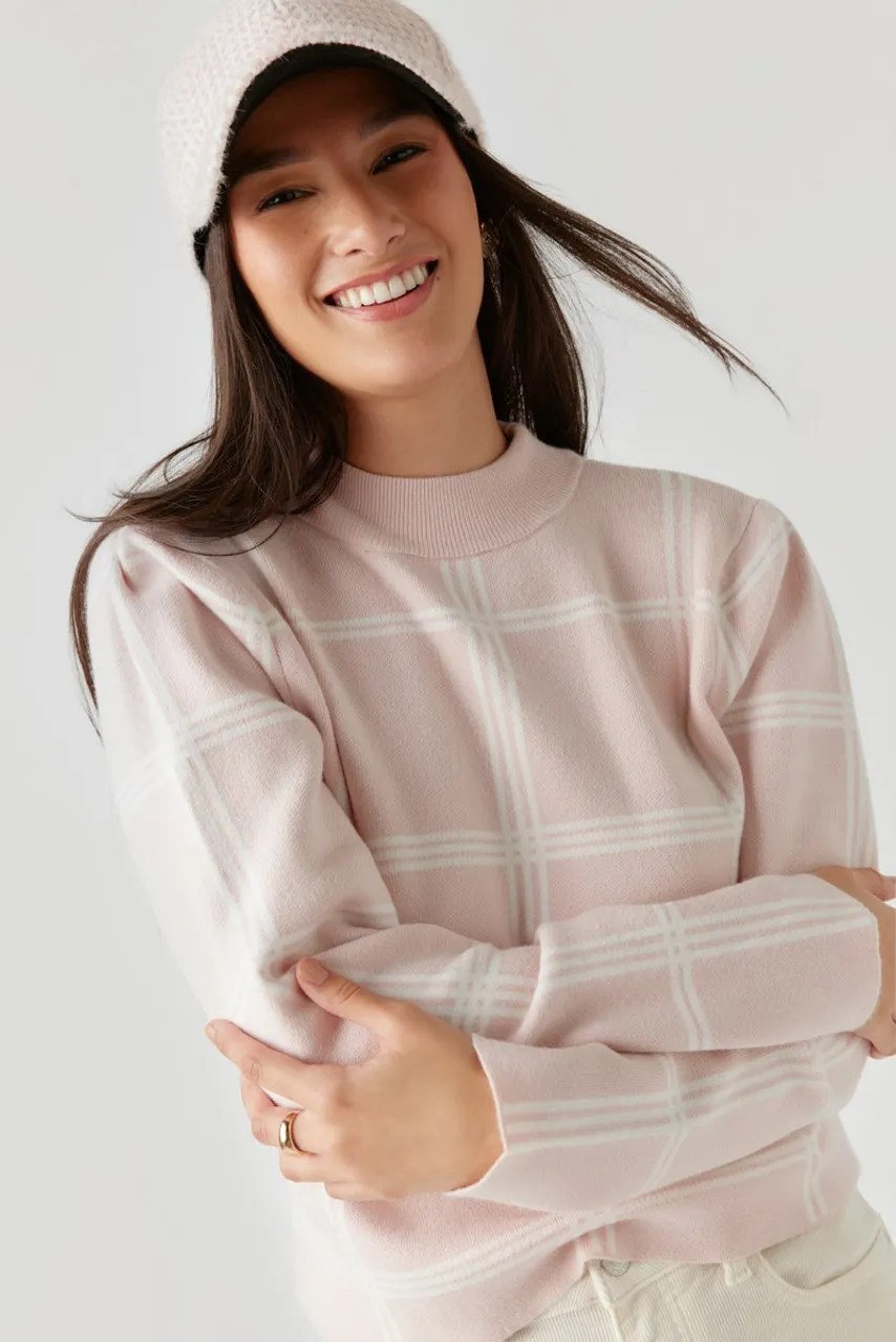 Joy Window Pane Pattern Mock Neck Pullover