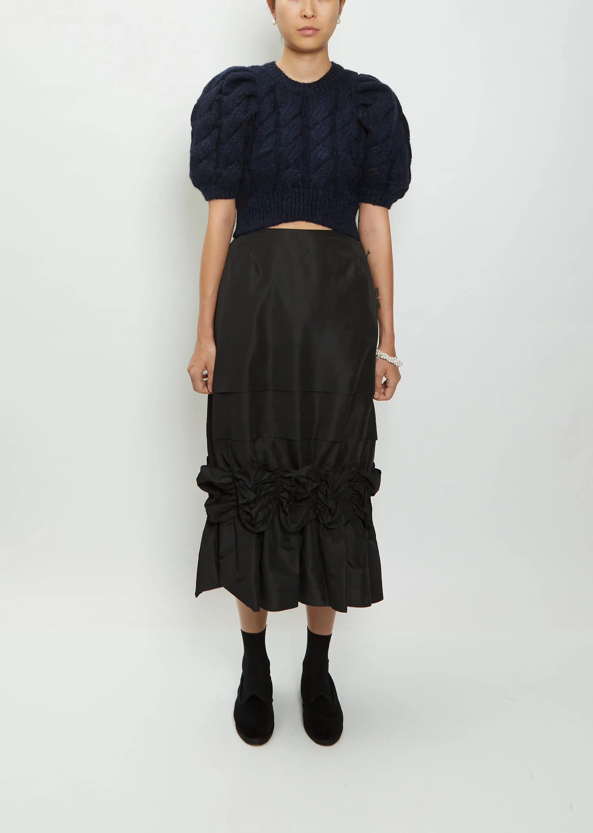 Long Fishtail Gathered Taffeta Skirt