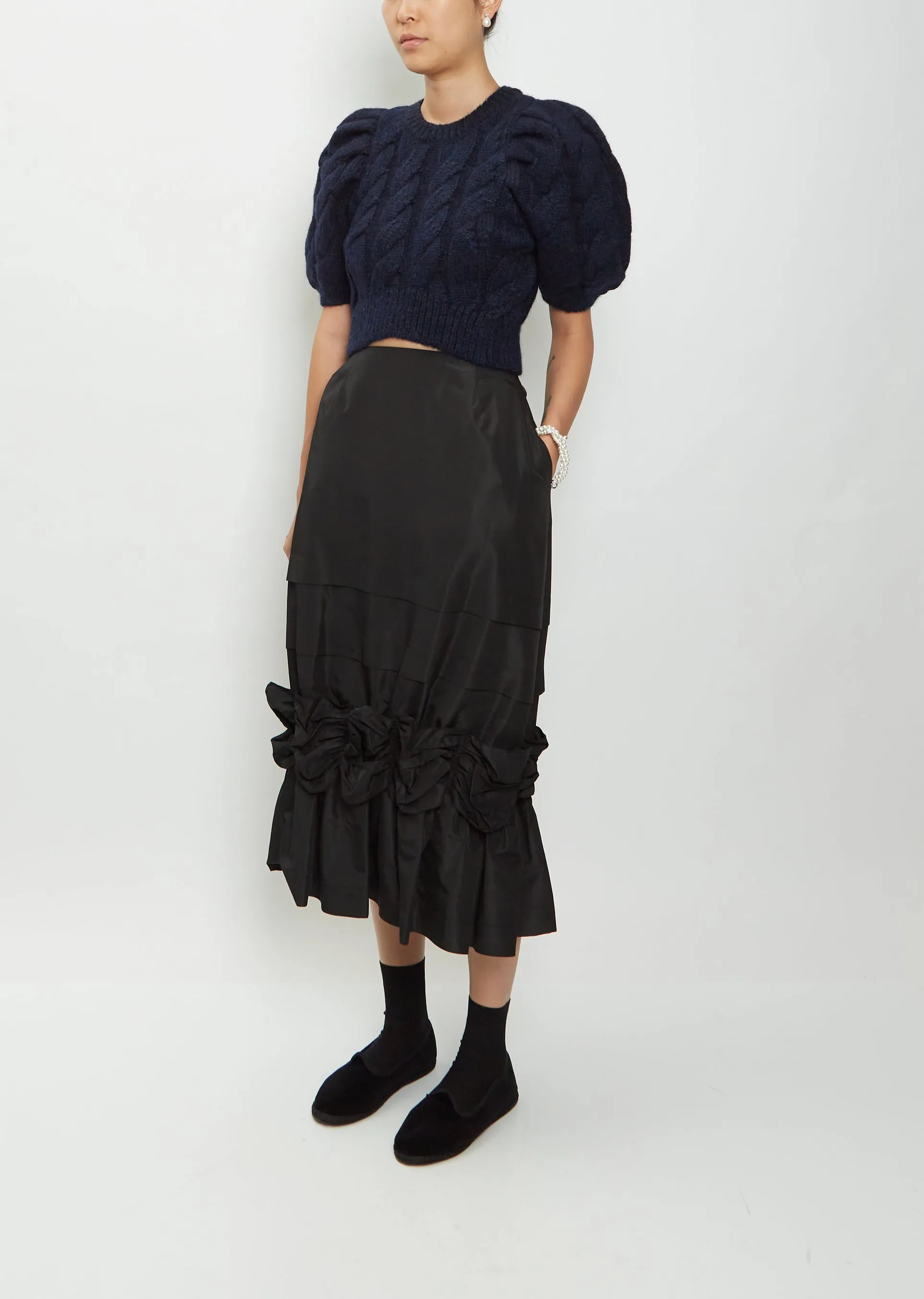 Long Fishtail Gathered Taffeta Skirt