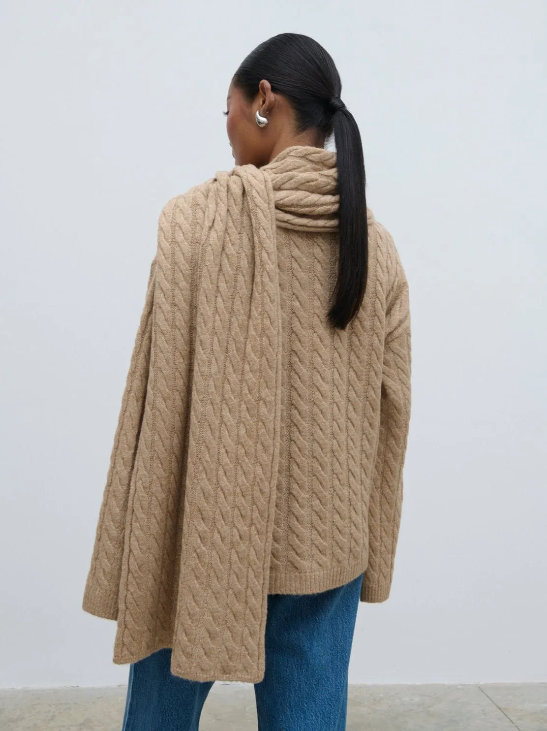 Palmer Cable Knit Jumper with Scarf - Dark Biscuit