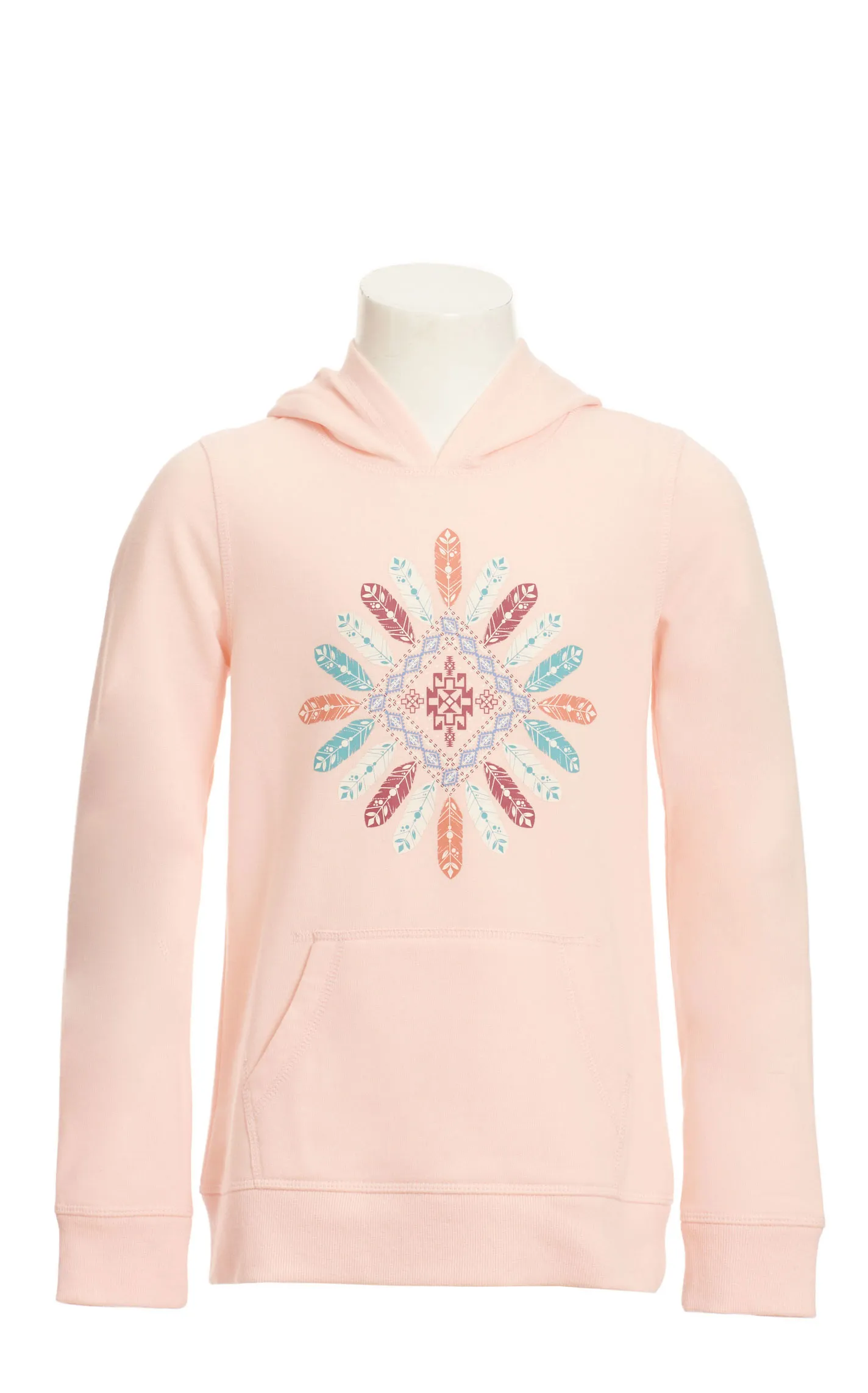 Rockin' C Girl's Pale Peach & Colorful Aztec Feather Long Sleeve Hoodie