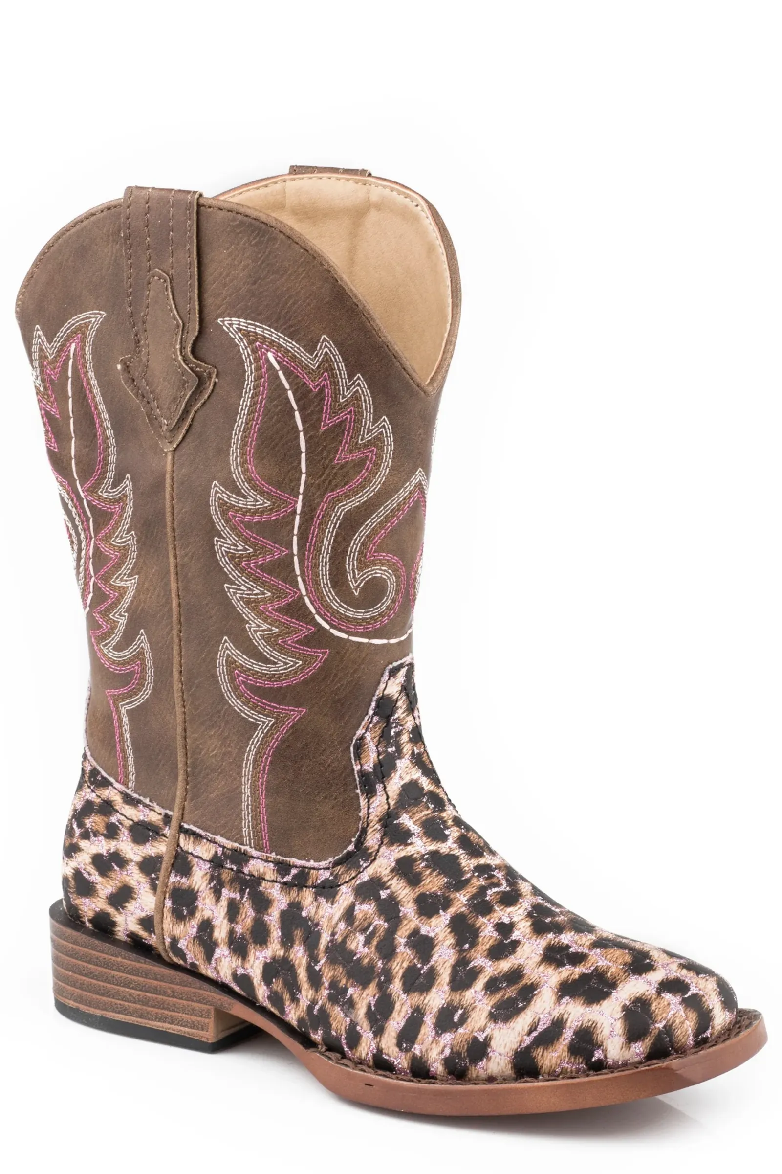 Roper Little Girl’s Pink Glitter And Leopard Faux Leather Vamp Boot With Brown Shaft