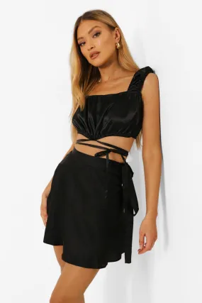 Satin Tie Waist Skater Skirt