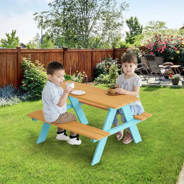 Teamson Kids Outdoor Picnic Table & Chair Set - Wood / Petrol