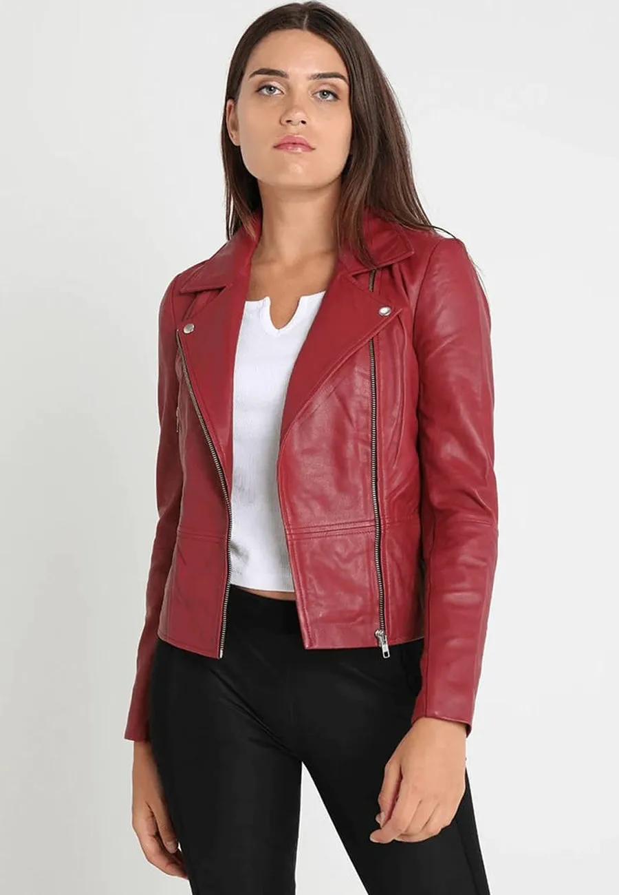 Women's Red Sheepskin Leather Biker Jacket