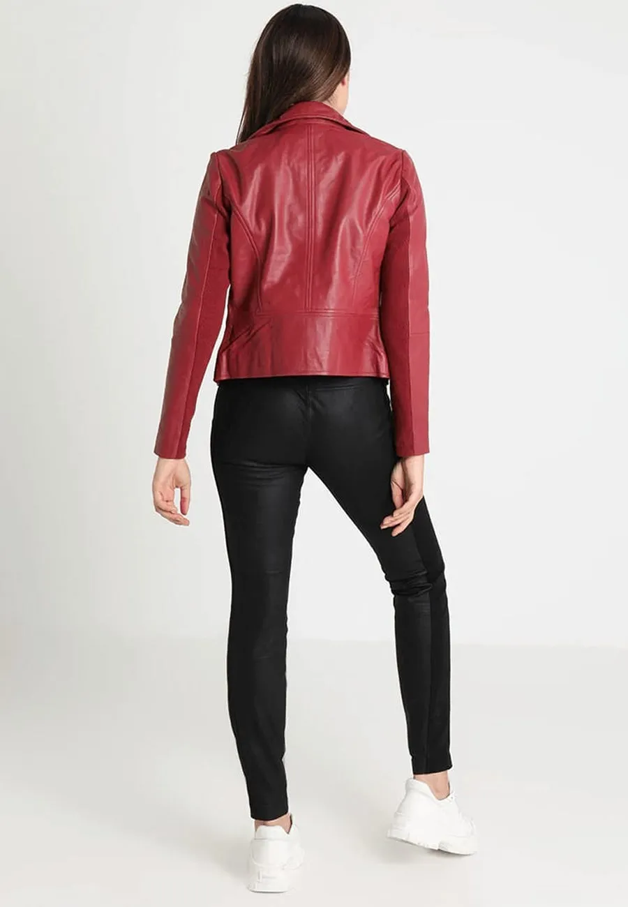 Women's Red Sheepskin Leather Biker Jacket