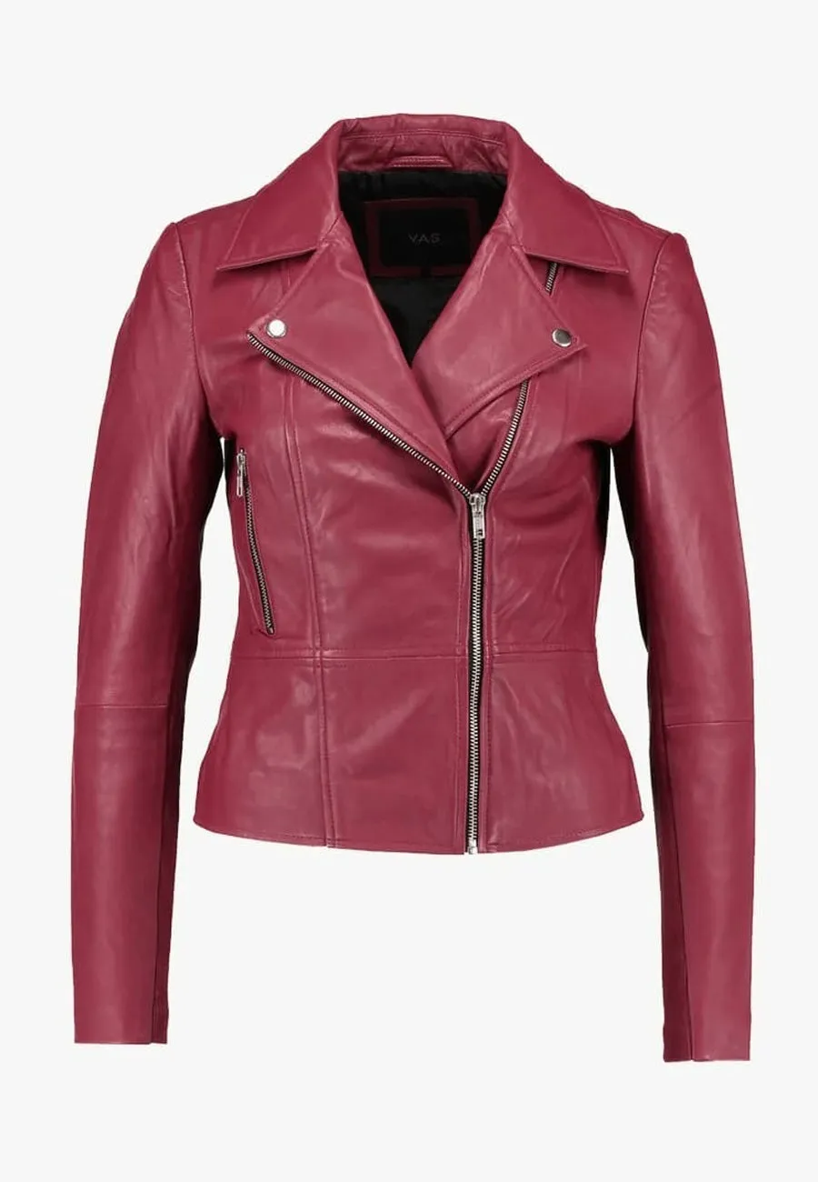 Women's Red Sheepskin Leather Biker Jacket